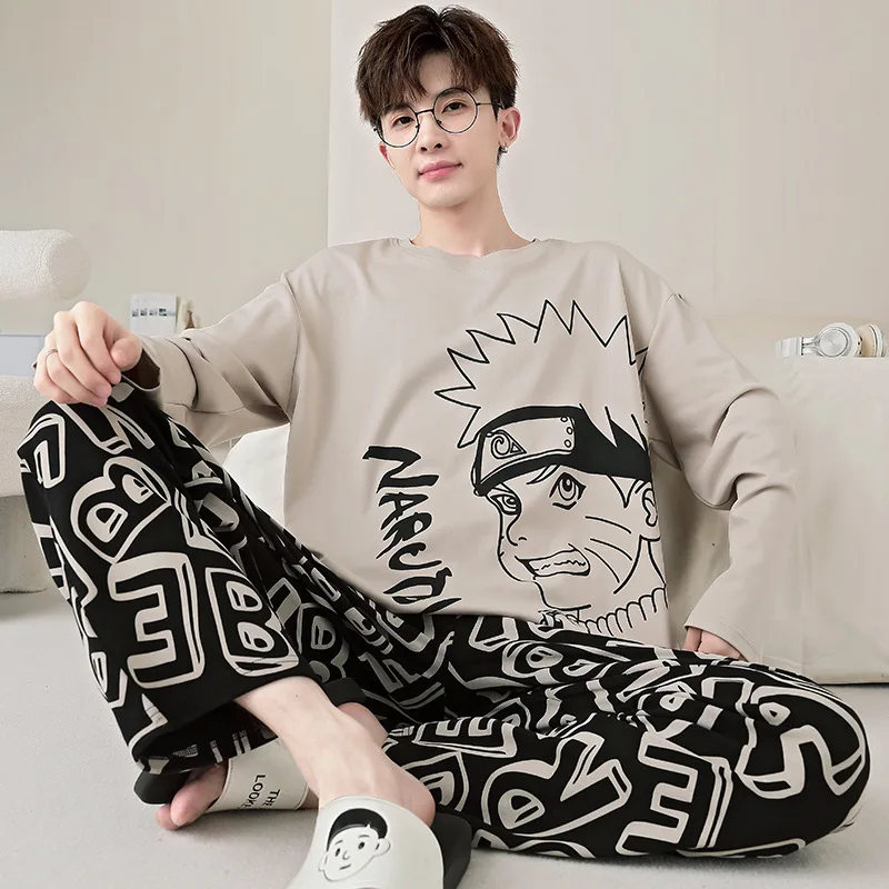 Naruto Hokage Spring and Autumn Cotton Long Sleeve Thin Crew Neck Men\'s Pajamas Teen Cute Cartoon Comfortable Homewear Suit