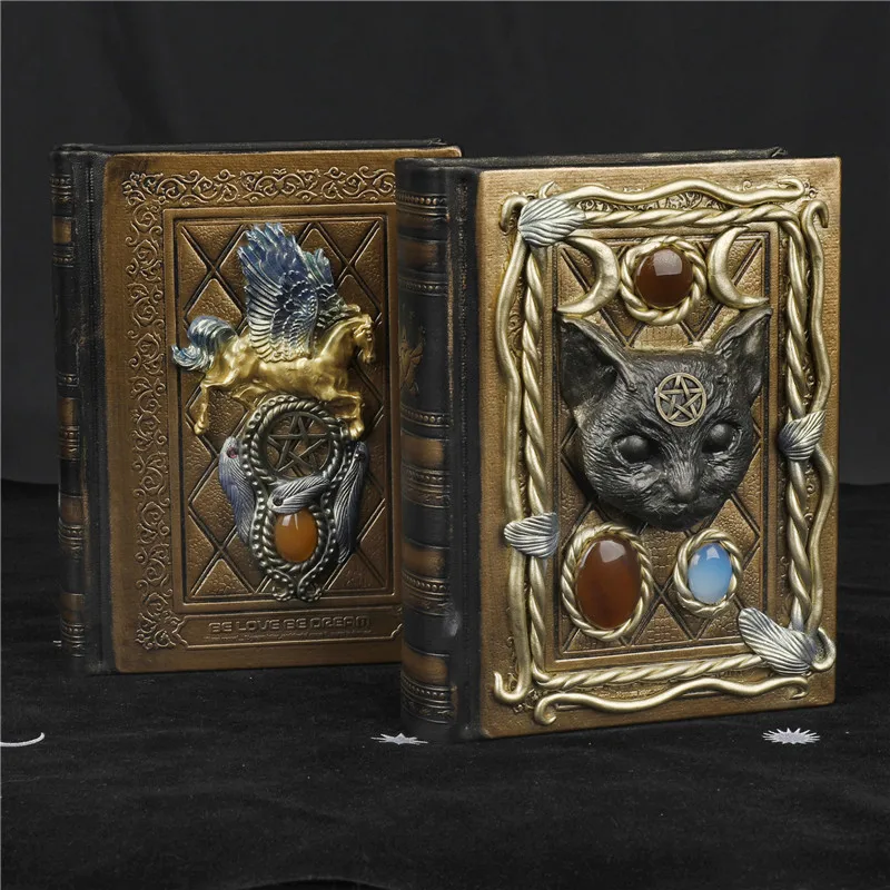 Decorative Book Notebook Pegasus Pentagram Pattern Black Cat Head Inlaid with Natural Crystal Stone Creative