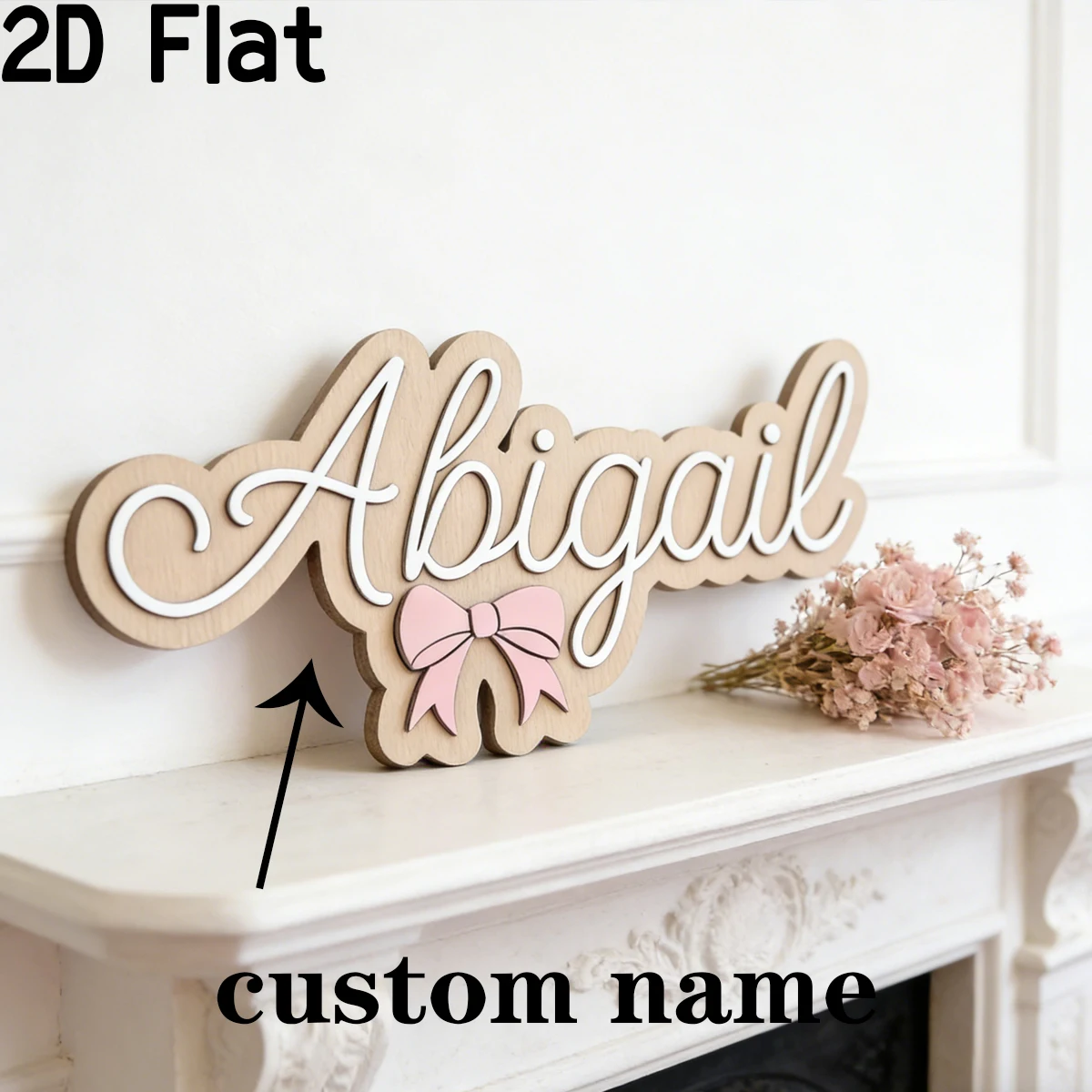 1Pc Custom Pink Bow Wooden Acrylic Name Plaque,Home Room Office Wall Door Decor,DIY Nursery Birthday Wedding Graduation Gift image 4