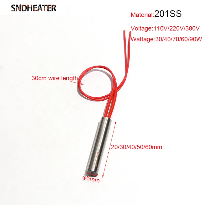 SNDHEATER 5pcs Industrial Mold Heating Tube 6mm*20-60mm 201SS Cartridge Heater Element 30-90W 110V/220V/380V for 3D Printer