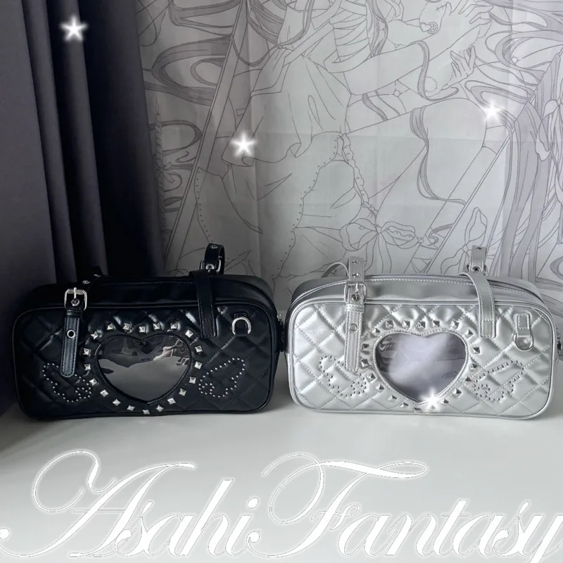 Pink Transparent Pocket Japanese Itabag Rivet Design Lolita Shoulder Bag PU Leather Harajuku Pain Bags Y2k Sweet Handbags Girls