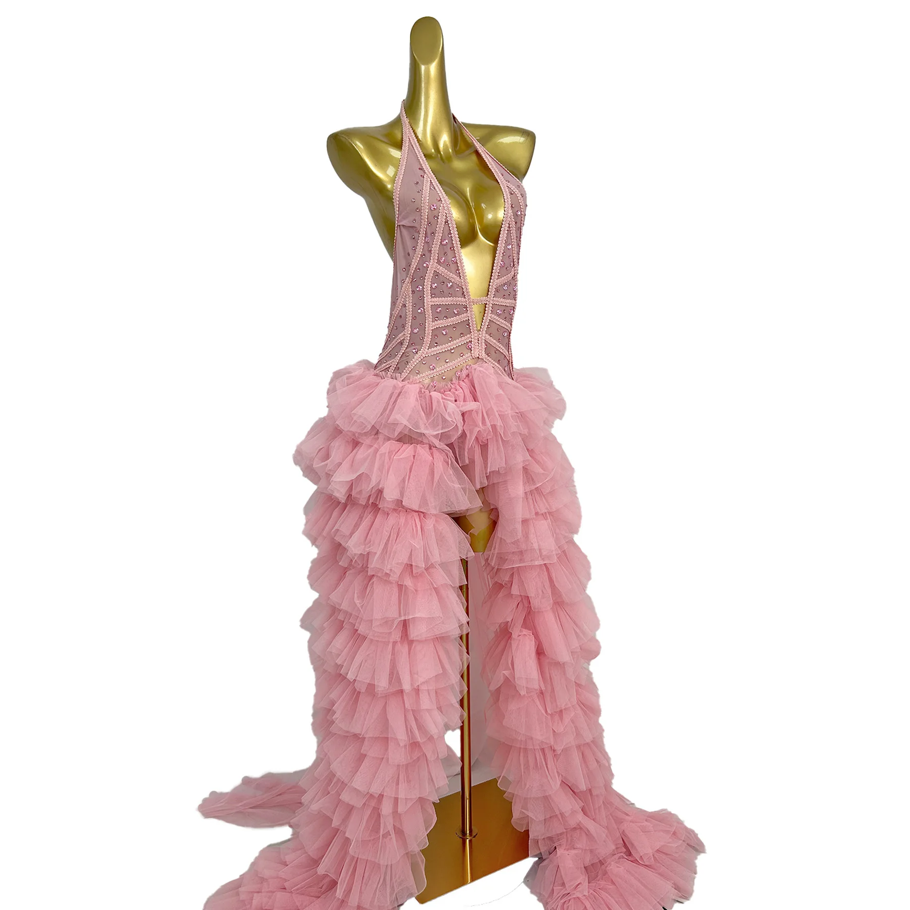 مثير الوردي كريستال شبكة حفلة عيد ميلاد فستان طويل مهرجان الكرة ثوب المرأة عارية الذراعين مساء مأدبة فستان تظهر مهرجان الزي #3