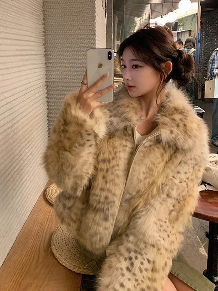 Leopard Faux Fur Coat Women Winter Thick Warm Vintage Streetwear Jacket Casual Zipper Female Retro American Hip Hop Outwear Tops