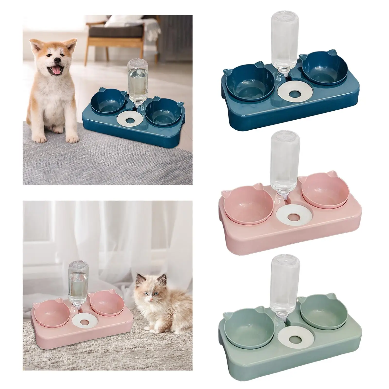 Cat Food and Water Bowls Set with Automatic Water Dispenser Bottle 15°tilted Raised Cat Bowls for Cats Puppy Kitten Rabbit