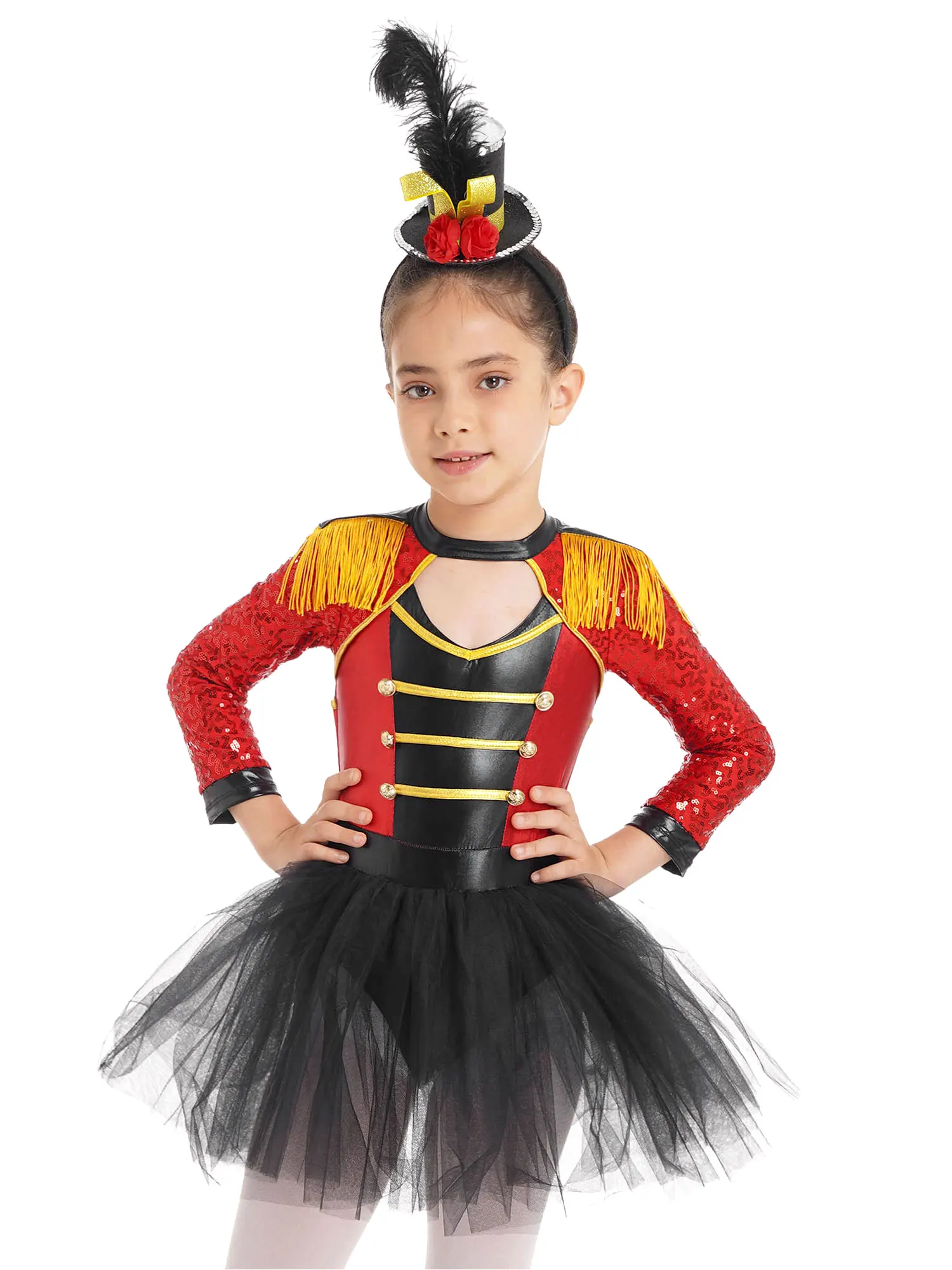 

Kids Girls Circus Ringmaster Cosplay Costume Sequins Long Sleeve Fringed Shoulder Tulle Tutu Leotard Dress Magician Costume