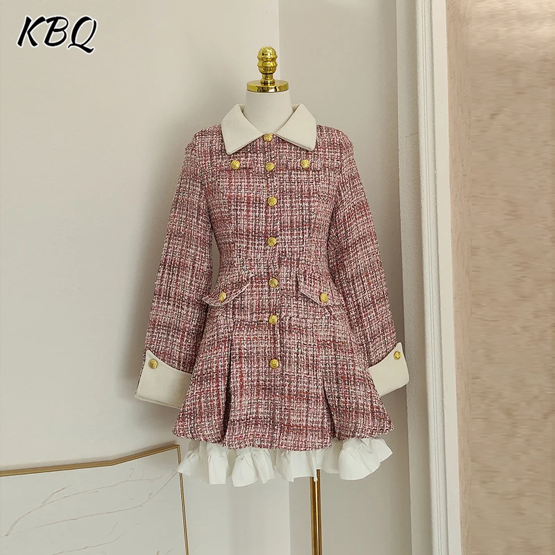 

KBQ French Vintage Temperament Tunic Chic Dresses for Women Lapel Long Sleeve Spliced Button Slimming Dress Female Fashion New