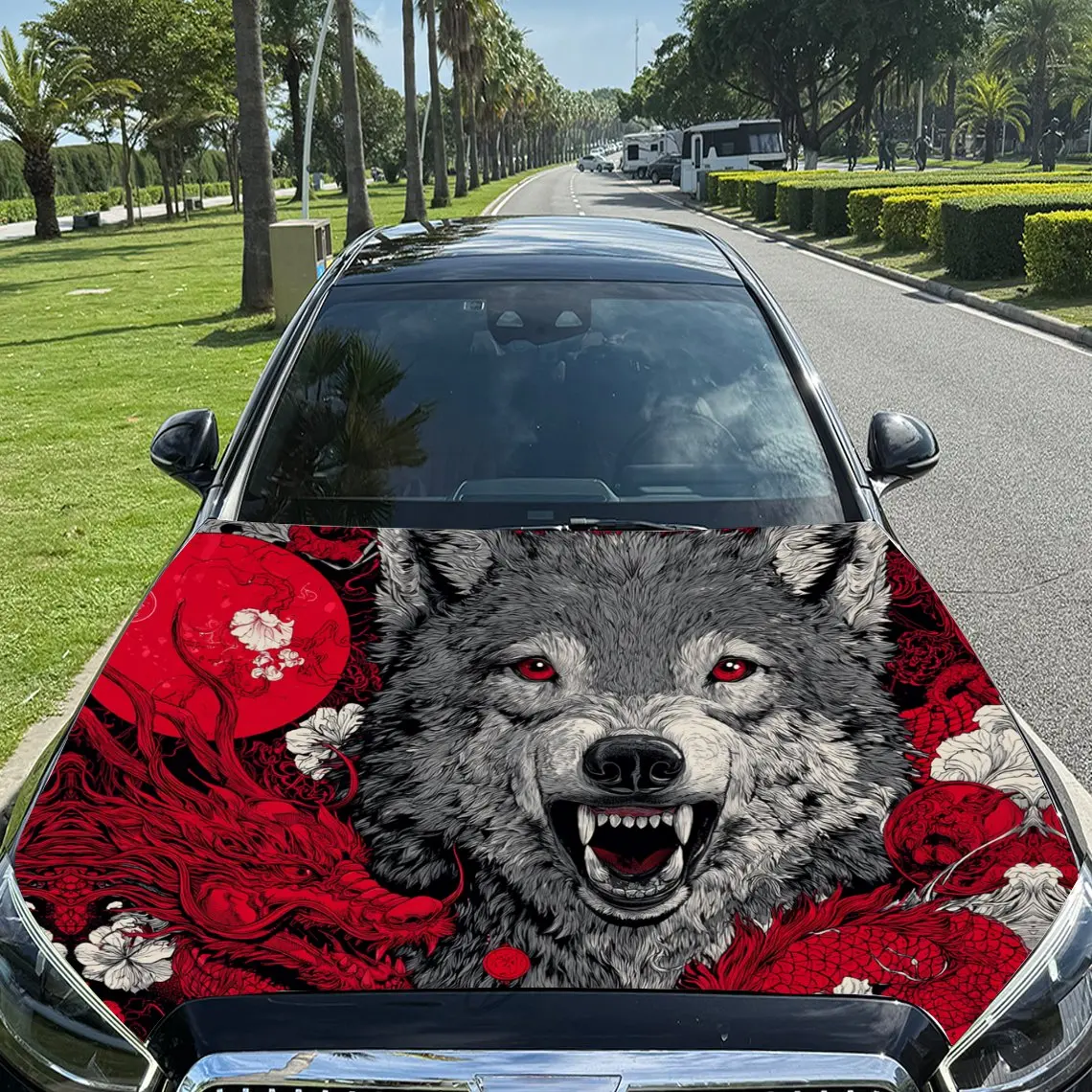 

Black Wolf and Red Dragon Car Vinyl Wrap, PVC Material Waterproof Car Hood Sticker, Self-Adhesive Scratch-Resistant Stickers for