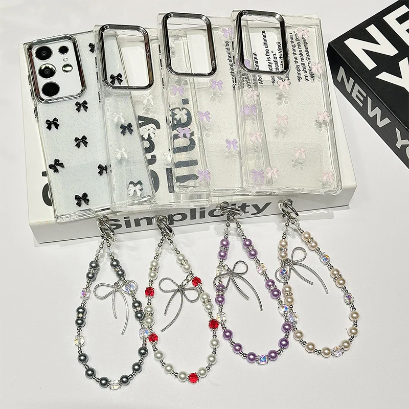 Luxury Glitter Bow Pearl Bracelet Cover Case For Samsung Galaxy S25 Ultra S24 FE S23 S22 Plus A13 A14 A15 A16 A25 A35 A55