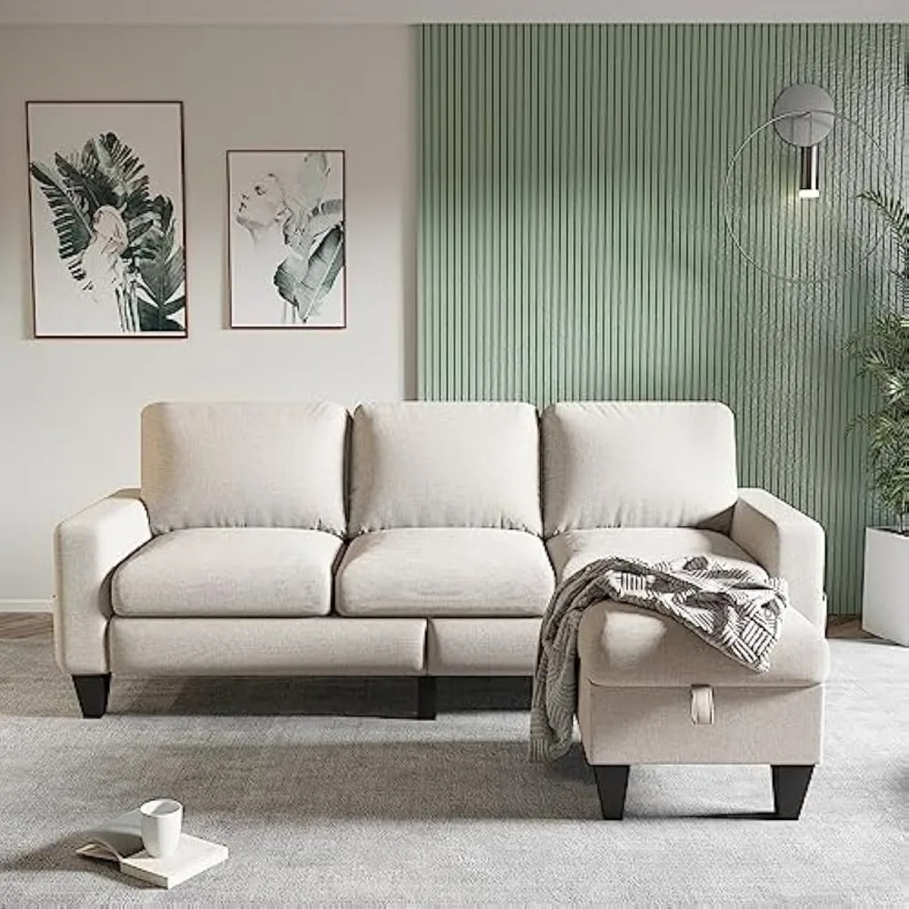 أريكة مقطعية قابلة للتحويل على شكل حرف L، أرائك بيج لغرفة المعيشة مع كرسي قابل للعكس، كتان حديث بثلاثة مقاعد C