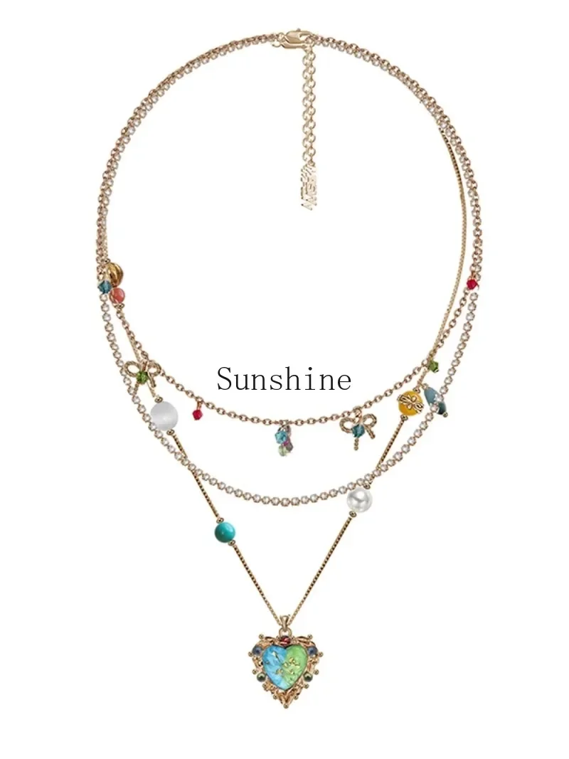 Nostalgic series light luxury retro love necklace multi-layer color collarbone chain