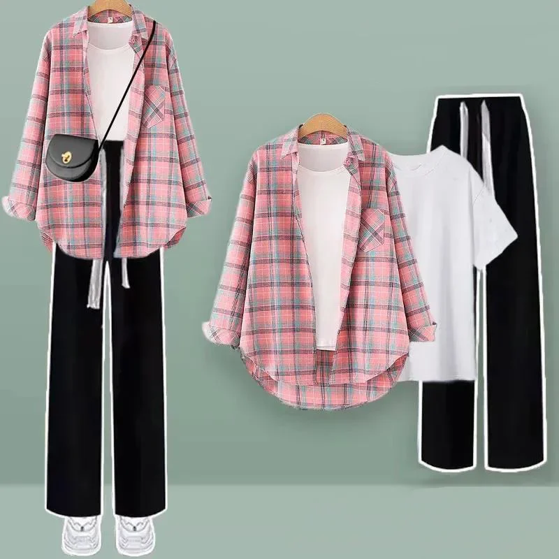 Casual Wide Leg Pants Three Piece Set Elegant Women\'s Pants Set Tracksuit Checkered Patchwork Chiffon Shirt White T-shirt Blouse