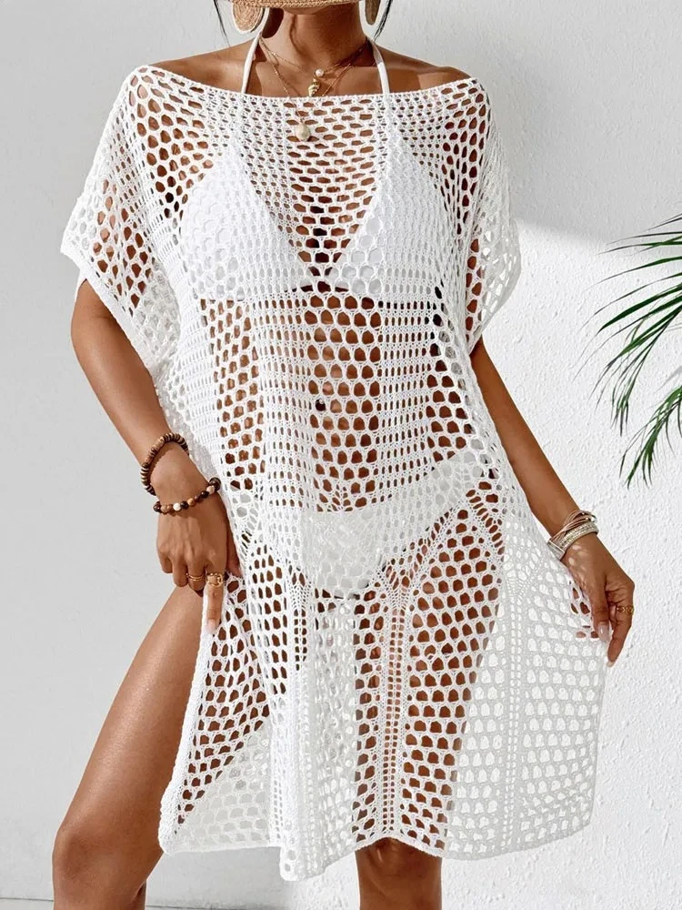 섹시한 여성용 솔리드 루즈 비키니 커버업, 속이 비치는 반팔 롱 비치 드레스, 레이디 브라질리언 수영복 커버업