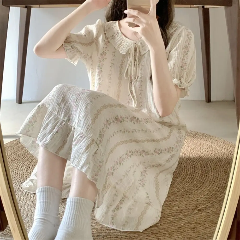 

Doll Collar Lace Up Women's Pajama Dress Stripe Homewear Short Sleeve Nightdress Loose Sleepwear Sweet Nightgowns Home