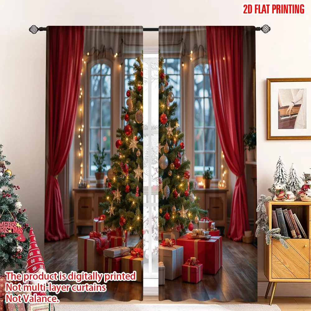 

2pcs 2D flat printing Merry Christmas Party Curtains Christmas Tree Gifts Holiday Festive Polyester Without Electricity Spring