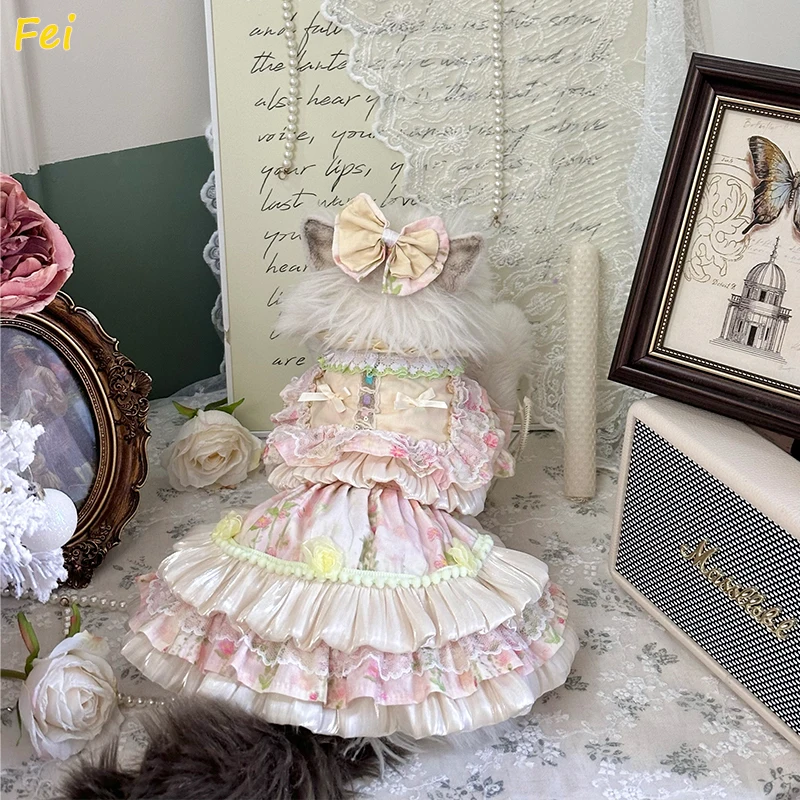

Cute Flower Print Puppy Dog Clothing Luxury Handmade Lace Bow Princess Dress For Small Medium Dog Poodle Pet Clothes Coat Skirts