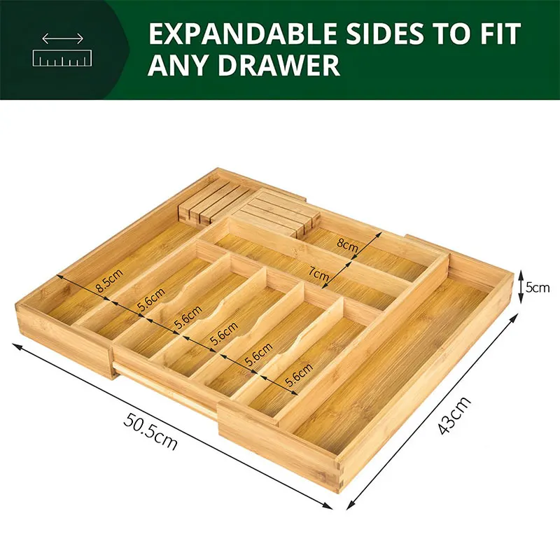 Large Premium Bamboo Silverware Organizer with Knife Blocks Expandable Kitchen Drawer Organizer Removable Knife Block