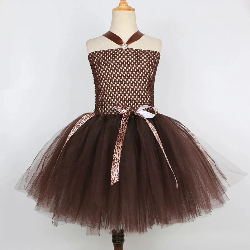2025 Halloween Child Forest Animal Cosplay Costume Girls Flower Leopard Zebra Cow Mesh Tutu Dress Headdress Tail Fancy Dresses
