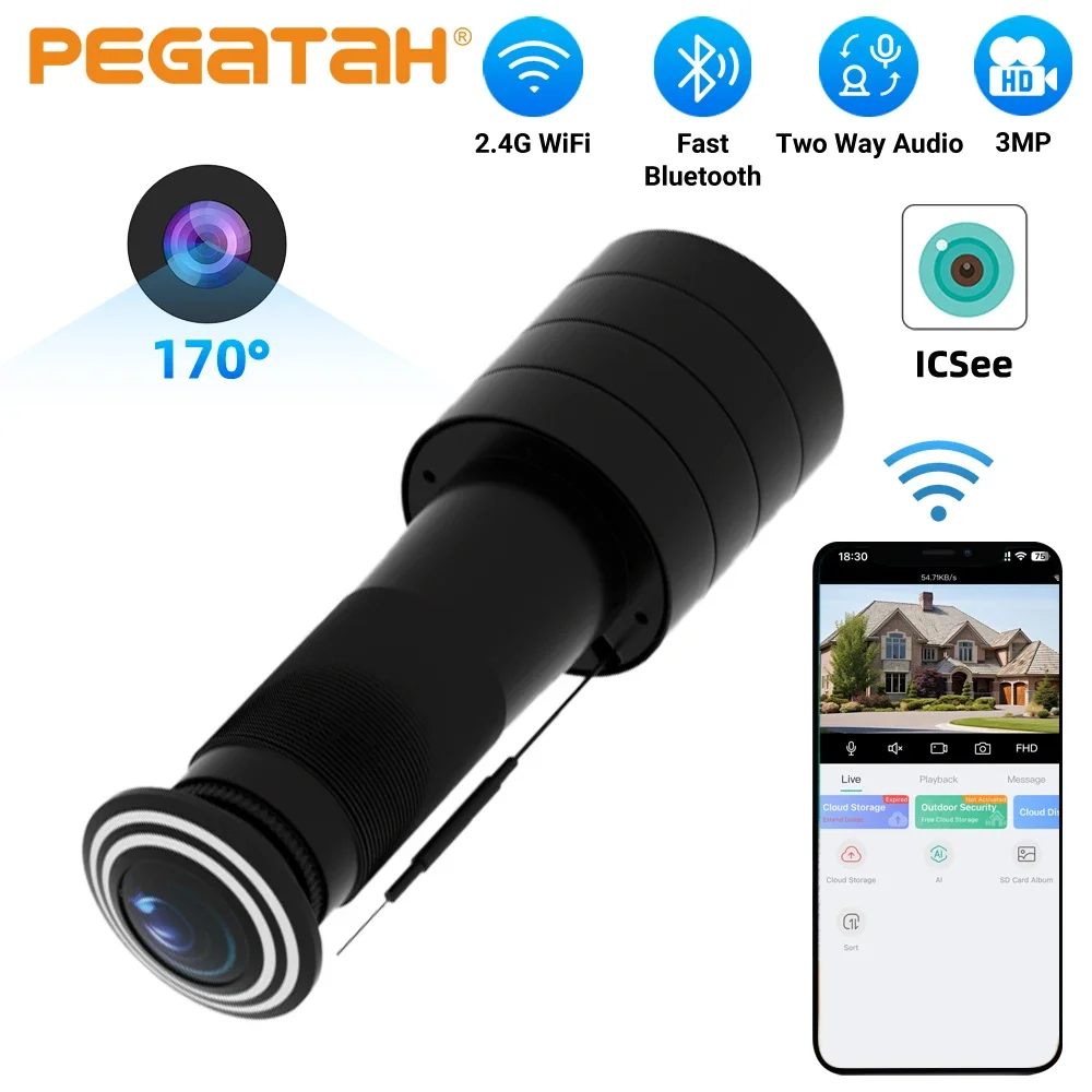 pegatah-3mp-wifi-のぞき穴カメラ-170-°-広角、双方向音声、動体検知、家庭用icseeアプリ対応ワイヤレスドアビューアー