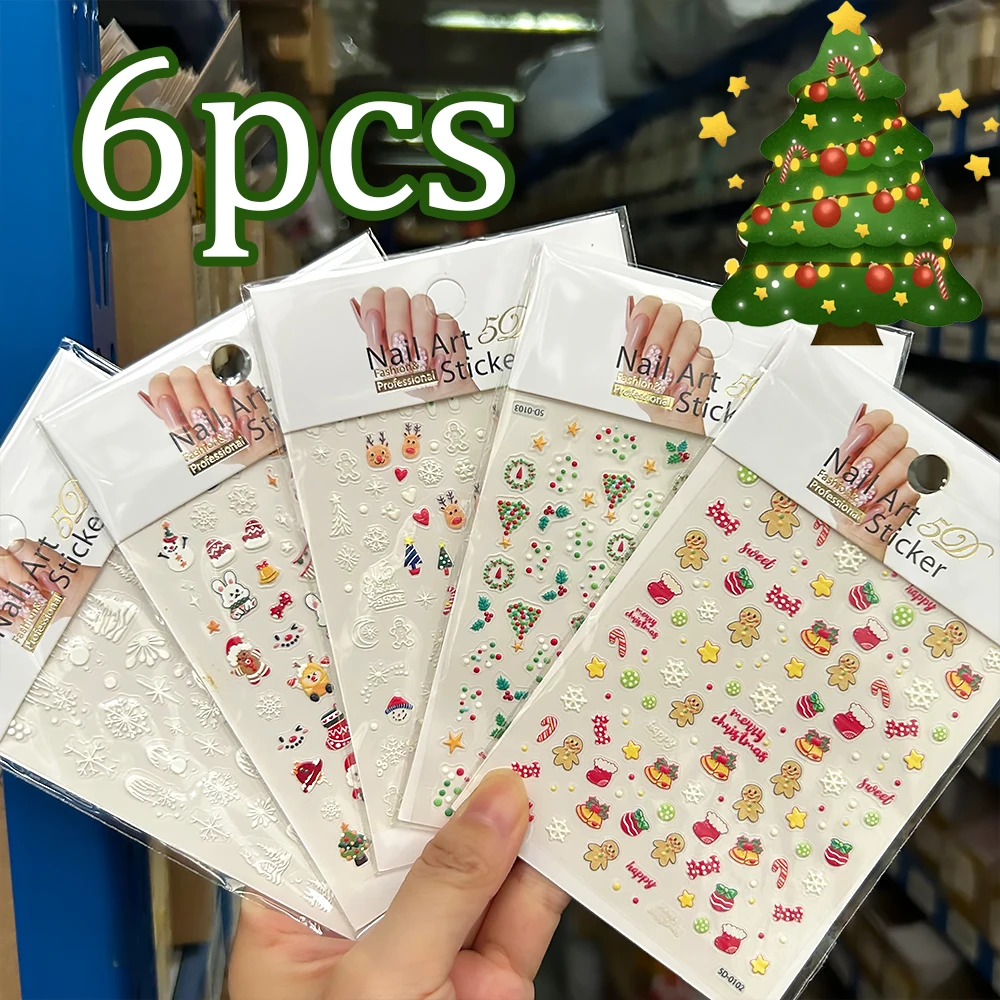 6pcs Christmas Cartoon Star Nail Art Stickers Gingerbread Man Snowflake Elk Nail Decals Sliders Relief Bowknot Nail Accessories