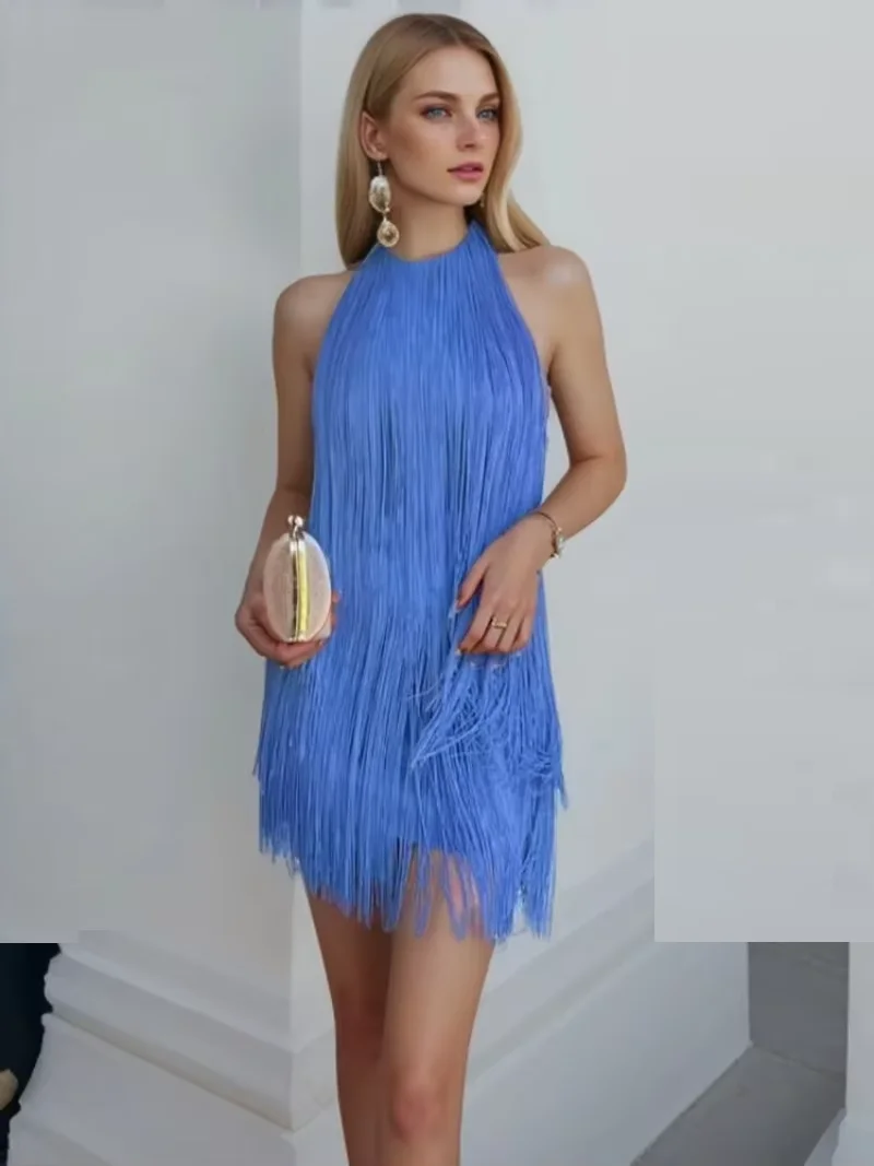 Seksowne sukienki z odkrytymi plecami wiszące sukienki na letnią sukienkę damską 2024 nowych moda Skinny solidna bez rękawów frędzle Mini sukienka kobieta — zdjęcie 3