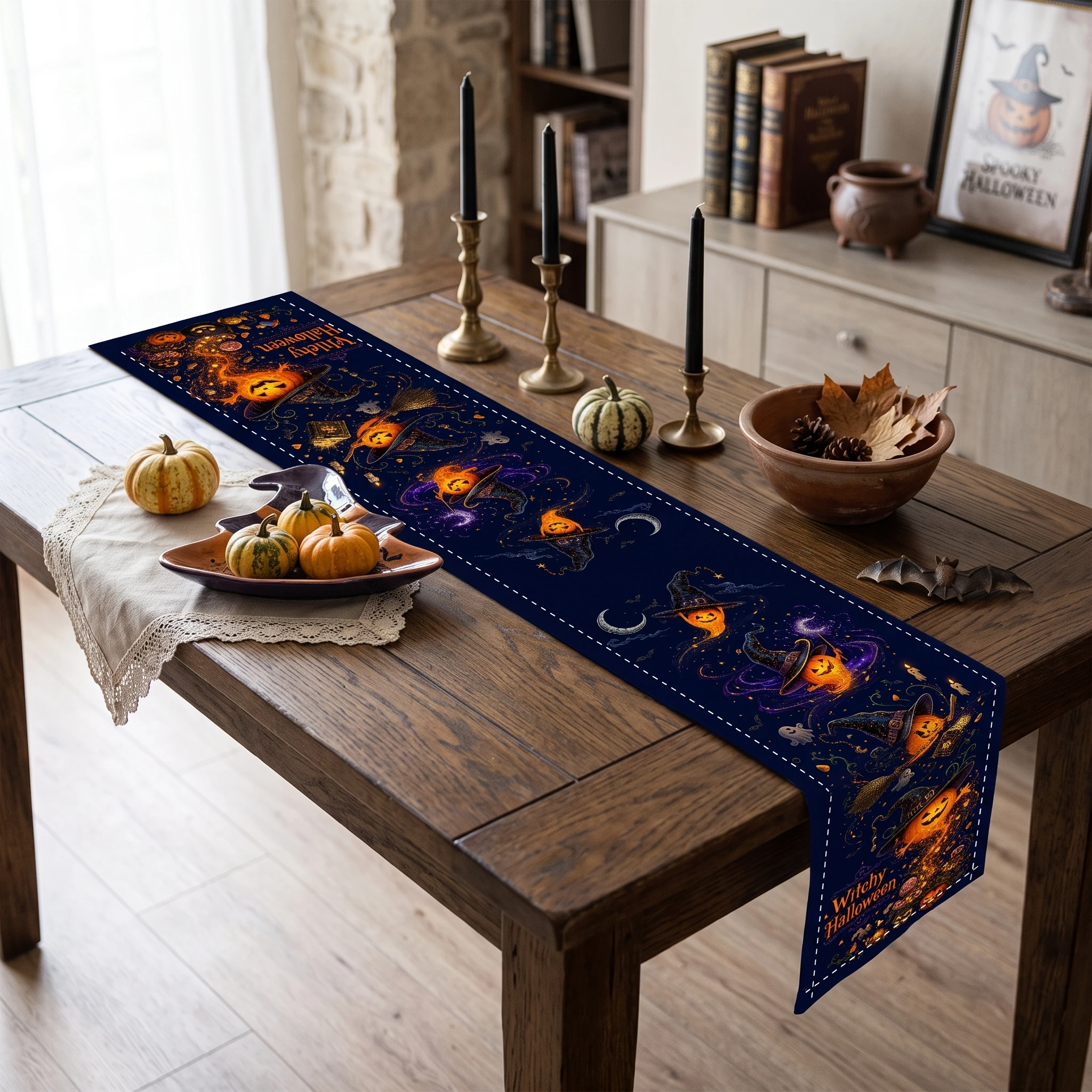 Pumpkin Witch Table Runner Artwork Witchy Halloween Table Runner Halloween Table Runner Jack O Lantern Design For Halloween