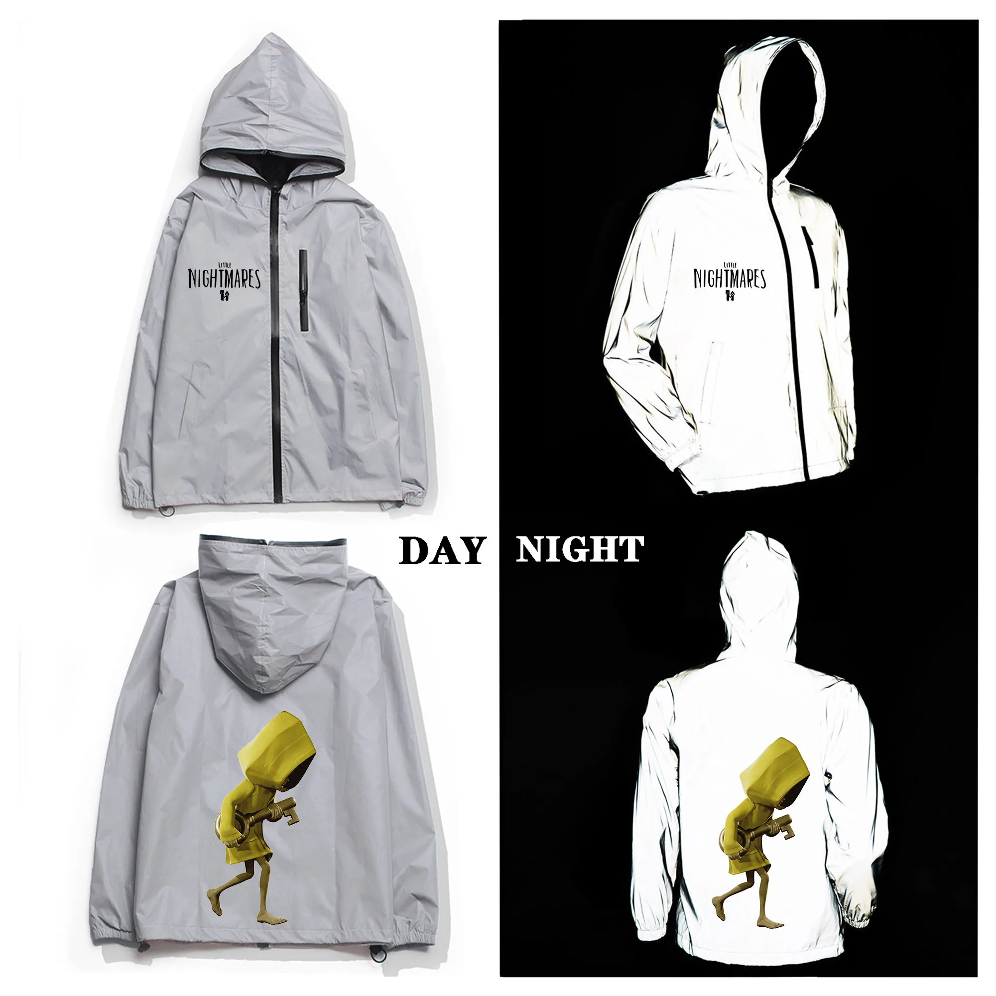 Game Little Nightmares Reflective Jacket Mens Womens Coat Hooded Windbreaker Run Pocket Jackets Cycling Zipper Custom Hoodie