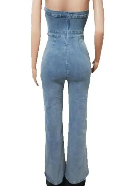 

Tight Waist Slim Elastic Wash Bandeau Denim Jumpsuit for Women Personalized Street Style Female Fashion Sexy Wide Leg Jumpsuits