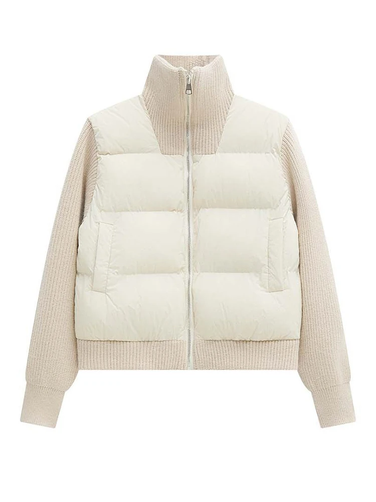 FANAN Modne, dziergane, łączone z bawełną płaszcze damskie z golfem, zapinane na zamek, krótkie okrycia wierzchnie, grube, ciepłe ubrania biurowe na zimę, nowość