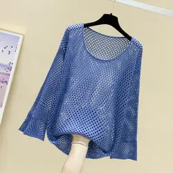 Woman Mesh Loose New Knit Sunscreen Tee Female Fashion T-shirt Hollowed Out Summer Ladies Sweater Casual Pullover Tops Shirt Q87