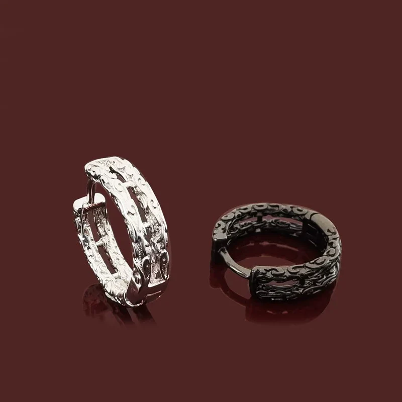 Geometric Lines Double-layer Earrings Men\'s Trendy Personality Irregular Texture 925 Silver Ear Buckle Wave Moire Black Ear Ring