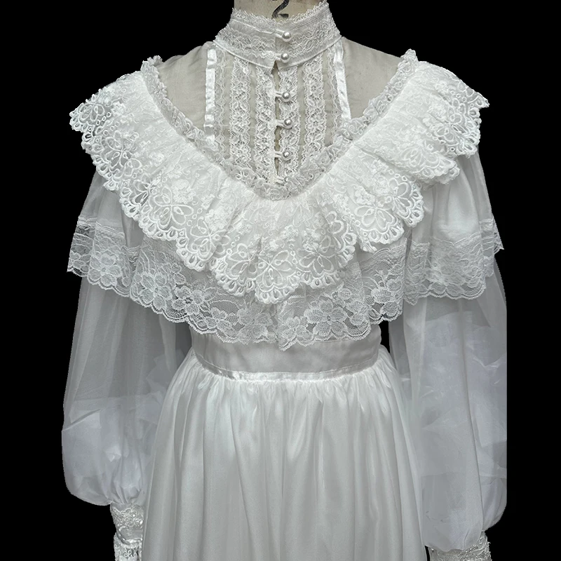 AnXin SH vintage princesa gasa blanca ilusión cuello alto volantes flor encaje manga larga cremallera una línea personalizar vestido de noche