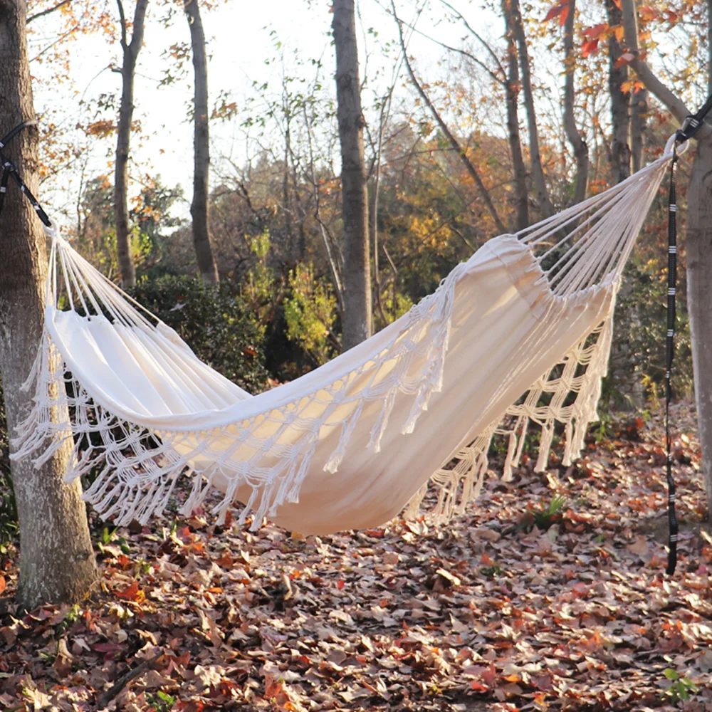 Macrame Double Hammock Bohemian Woven Fringe Tassels Canvas Large Hanging Swing Bed Chair for Beach Yard Bedroom Patio Porch