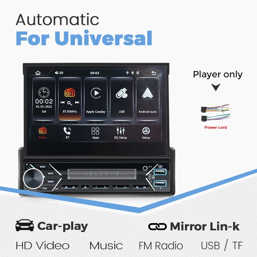 Mekede 1din 7 "Intrekbaar Touchscreen Mp5 Autoradio Speler Auto Draadloze Carplay Android Auto Spiegel Link Video Usb Speler