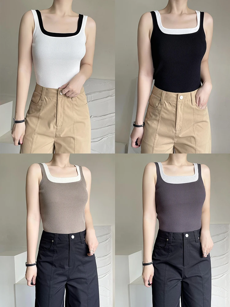 

Ice Sensation Knitted Vest Silk Square Collar Slim Fit Inner Piece Fake Two-Piece Design Versatile Sle Spring Summer Women'...