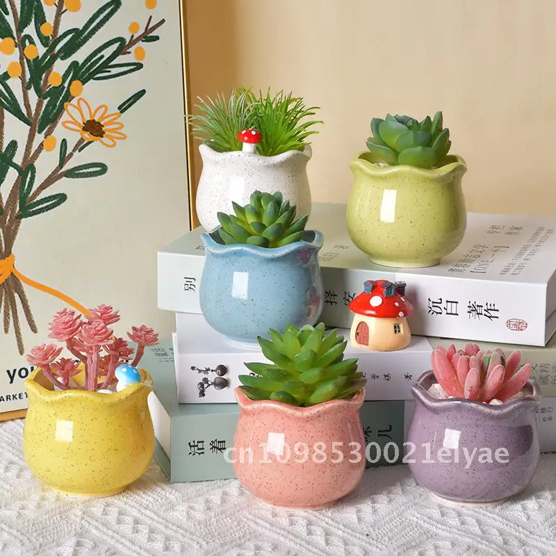

Mini Fleshy Flower Pot Set Ceramic Macaron Home Painting Gardening Pot Combination Breathable Durable Modern Minimalist Design