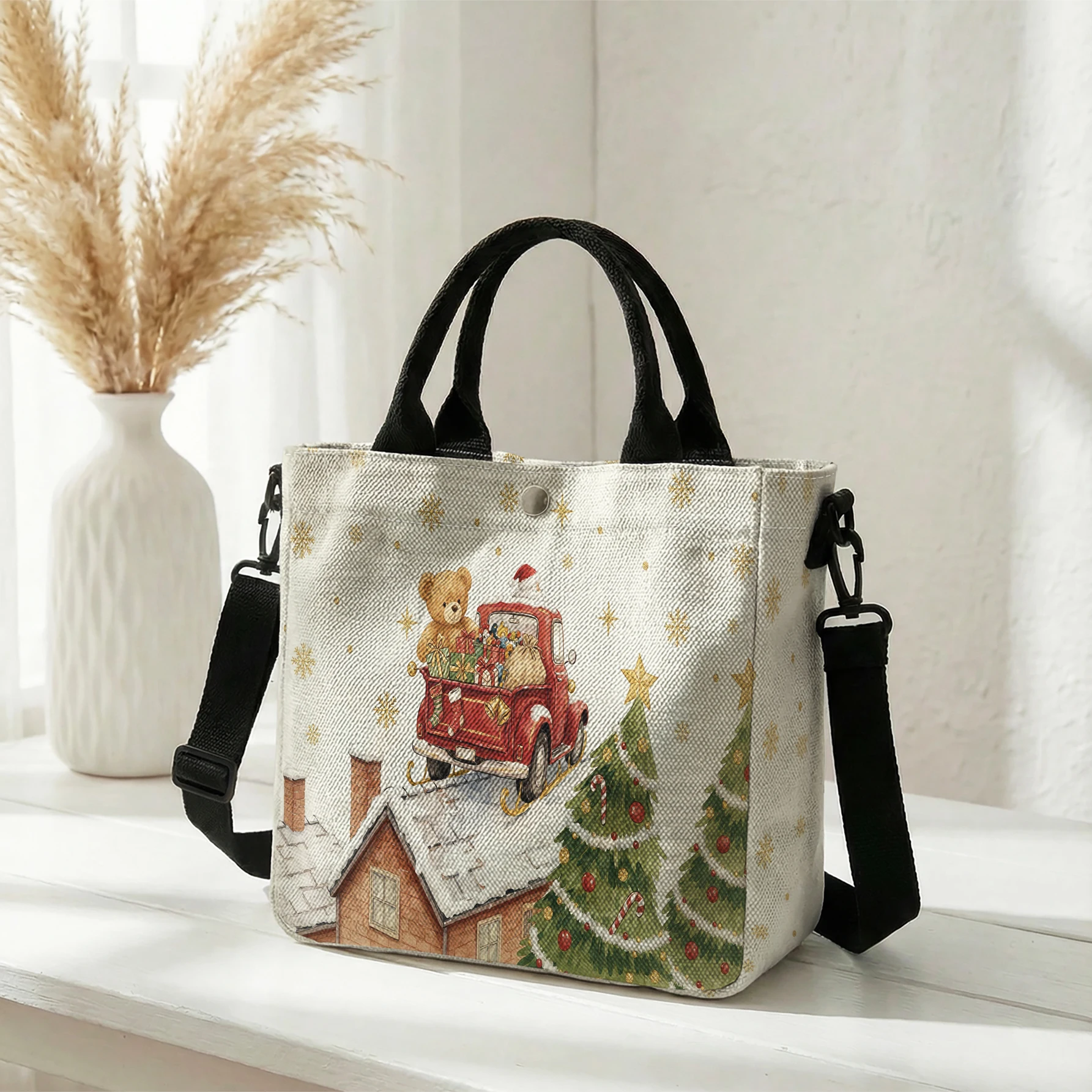 Christmas Teddy Bear Red Truck House Tree Print Tote Bag, Detachable Strap Crossbody Handbag For Daily Work Shopping