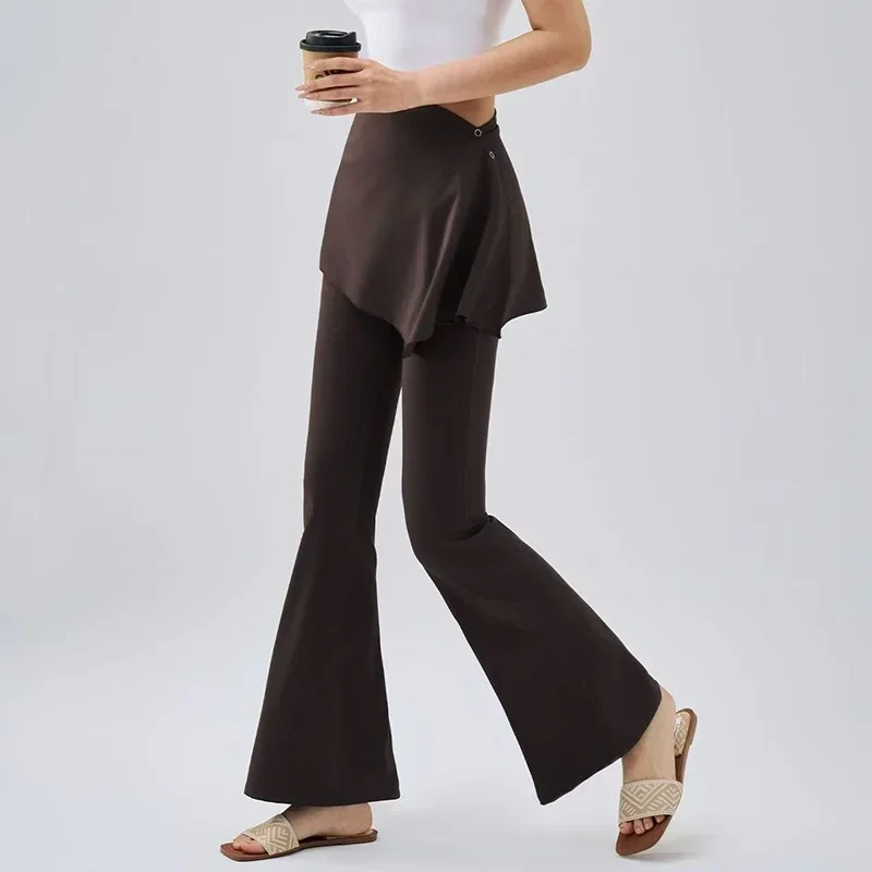 Women's High-Waisted Slim Fit Pilates Fitness Leggings Fake Two-Piece Sports Trousers Gym Micro-Flare Skirts for Hip-Lifting