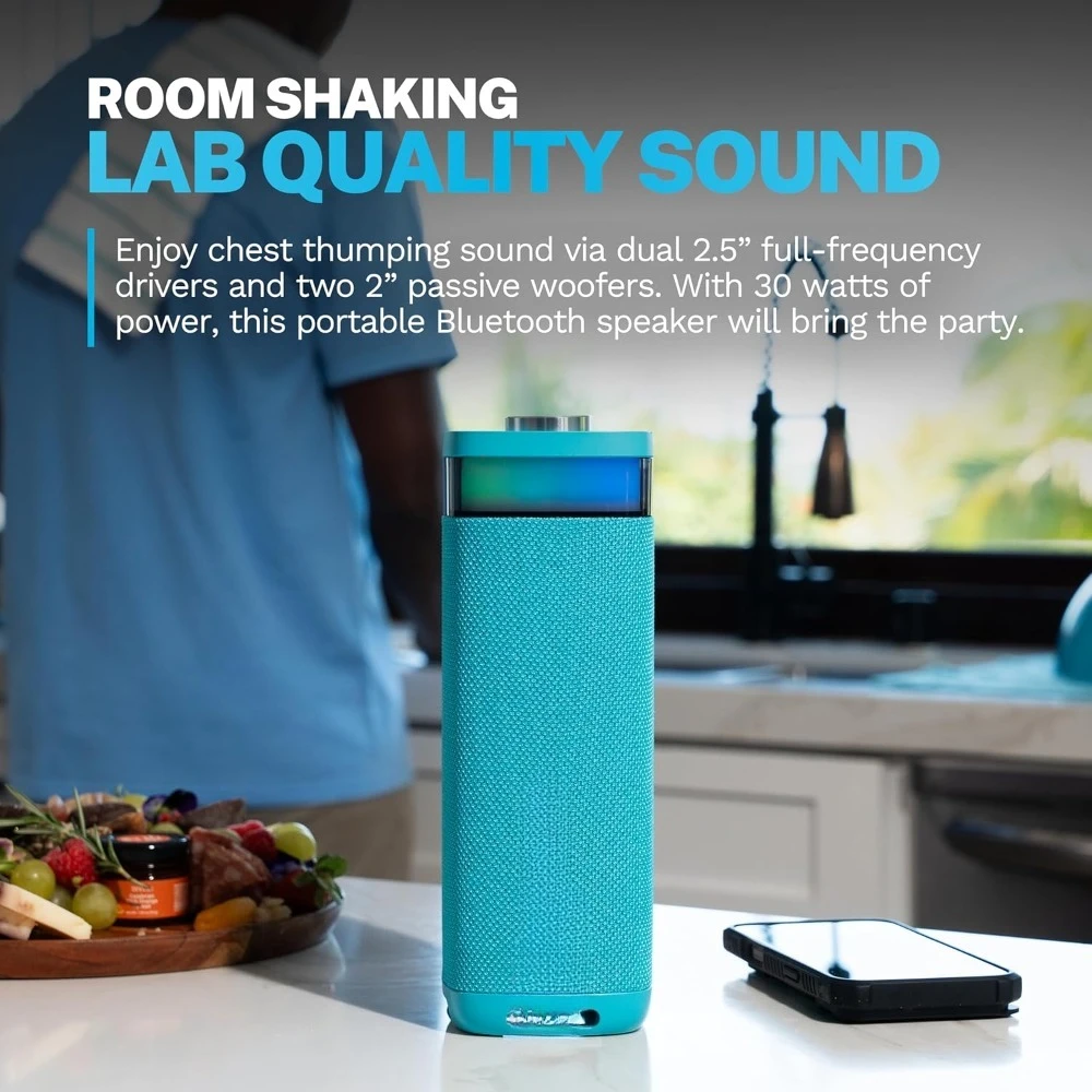 

Portable Bluetooth Speaker with 2 Full Range Drivers and 2 Passive Woofers IP56 Waterproof 12H Playtime Multi Speaker Connect