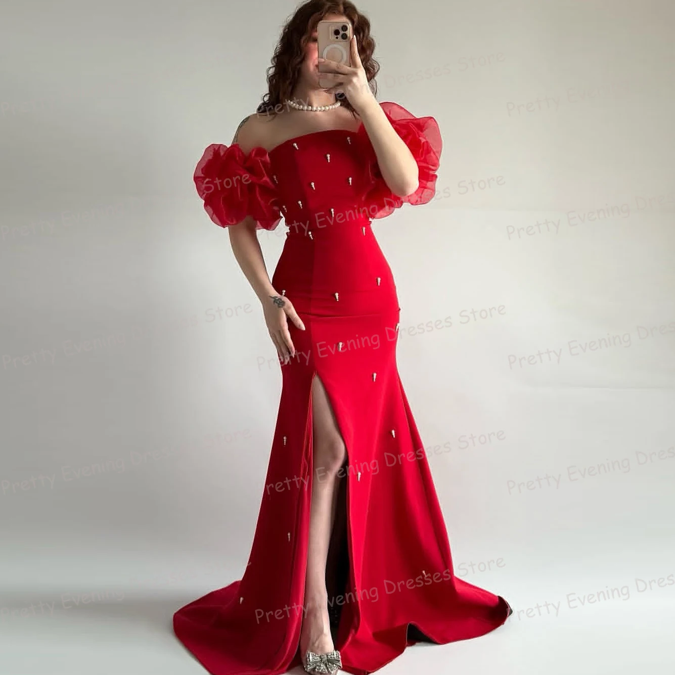 

Simple Red Evening Dresses Mermaid Off Shoulder Beads Side Split Woman's Prom Gowns Fashion Party Vestidos De Noche Customized