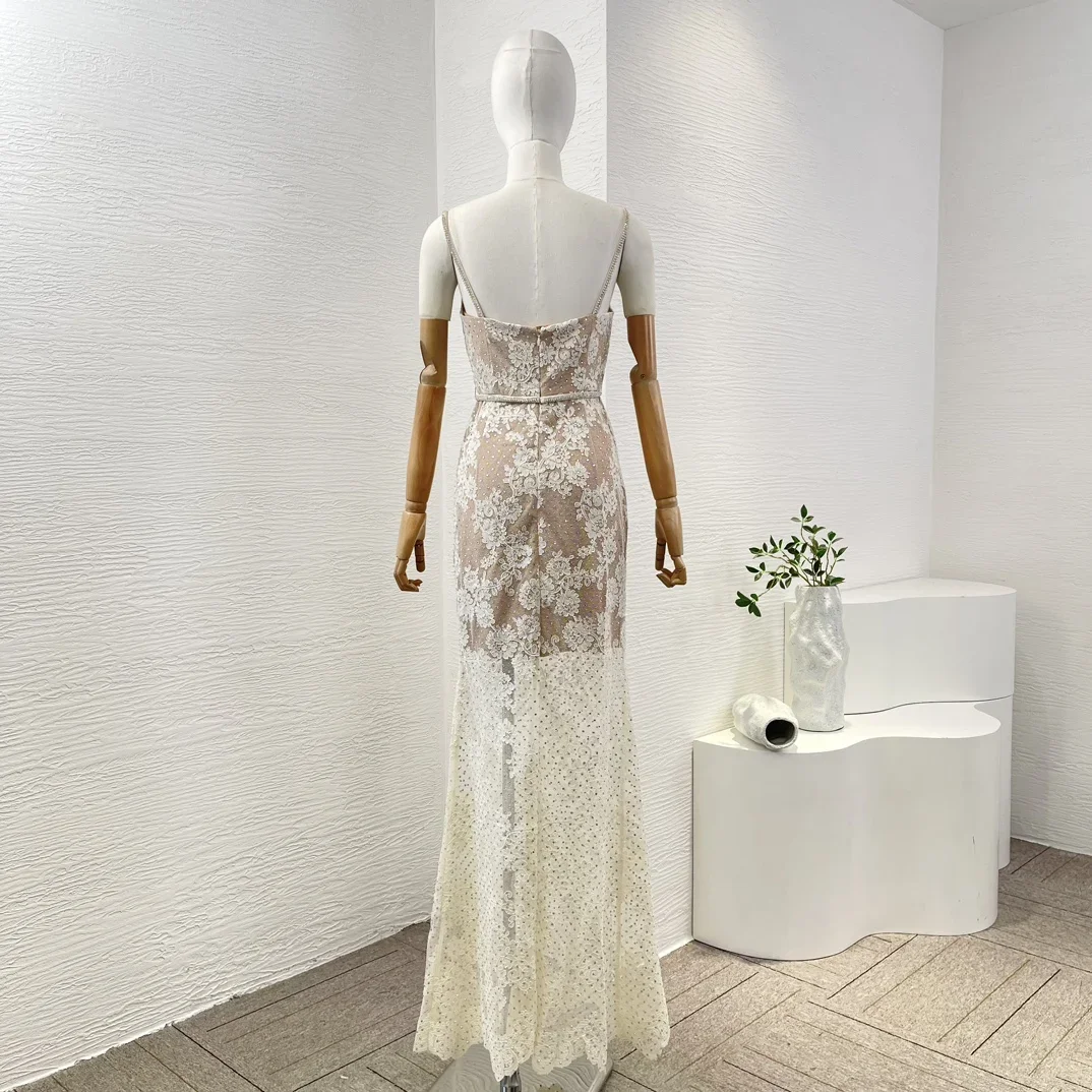 Diamonds Women New Autumn Top Quality 2024 White Lace Patchwork Sleeveless 3D Flower Decoration Lady Camisole Mermaid Maxi Dress