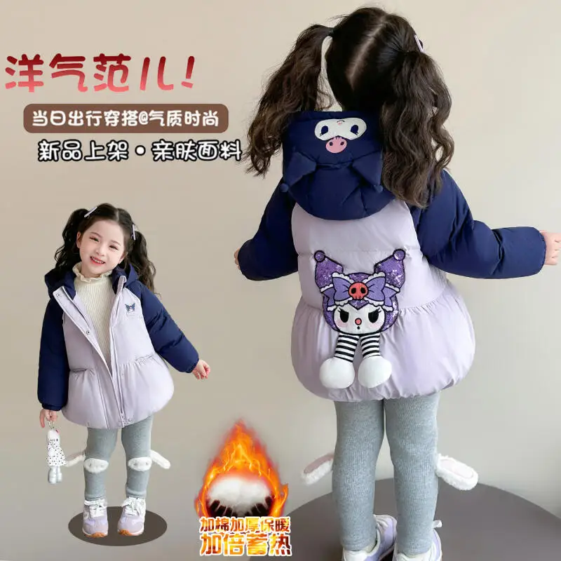 

Толстая куртка Kuromi Kawaii для девочек, осень-зима 2025, новые теплые топы с героями мультфильмов аниме, модное детское удобное милое хлопковое пальто