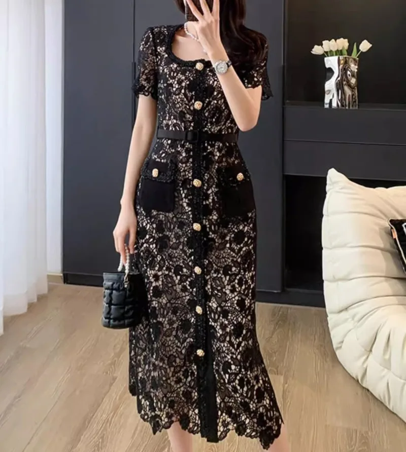 

Golden Button Black Lace Dress Bodycon Summer Holiday Square Neck Elegant Women's Dresses Evening Party Luxury Design Vestidos