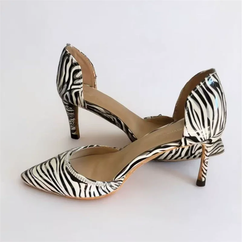 

Spring and summer pointed patent leather zebra pattern rhinestone chain single shoes banquet large size high-heeled women sandal