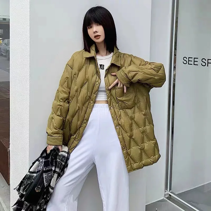 

Winter Lapel Lightweight Loose Down Jacket Women White Duck Down Warm Jacket Overcoat Female Single Breasted Solid Parka Outwear