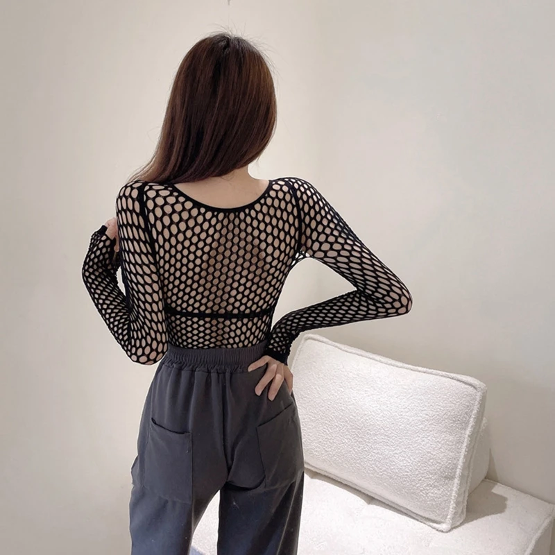 Womens Mesh Fishnet Hollow Out T-Shirts Long Sleeve Turtleneck See Through Sheer Slim Pullover Top Nightclub Streetwear