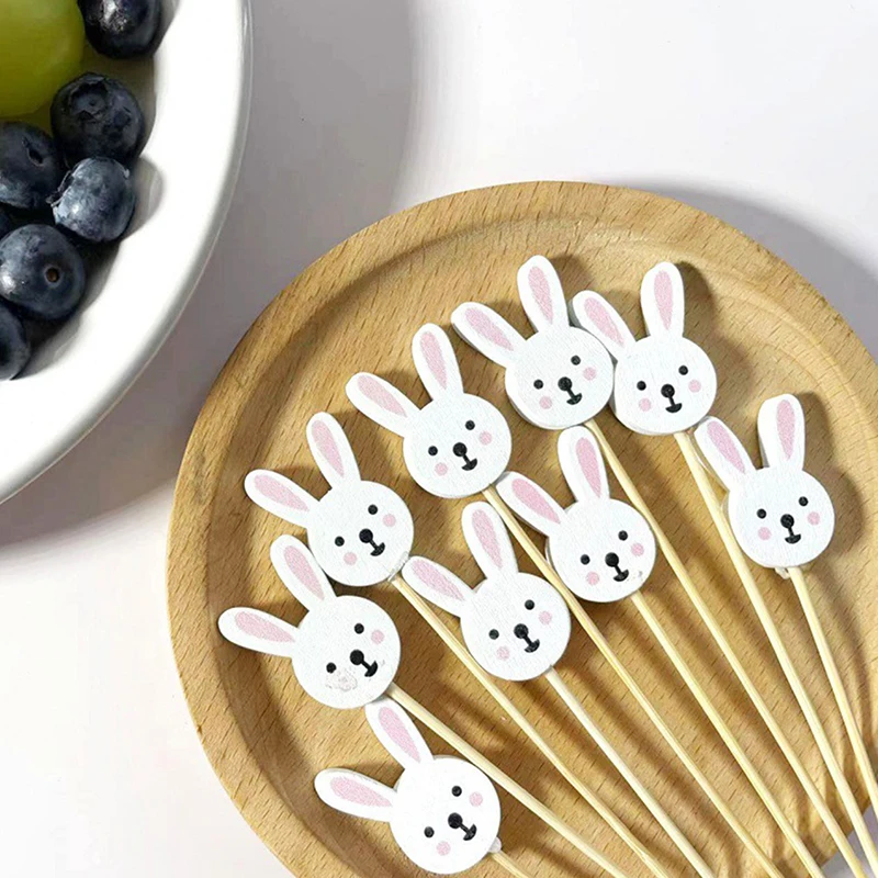 Pinchos desechables de bambú para Pascua, palitos de comida para huevos de conejo, tenedor para fruta, sándwich, Buffet, Decoración de cumpleaños, 100, 2024