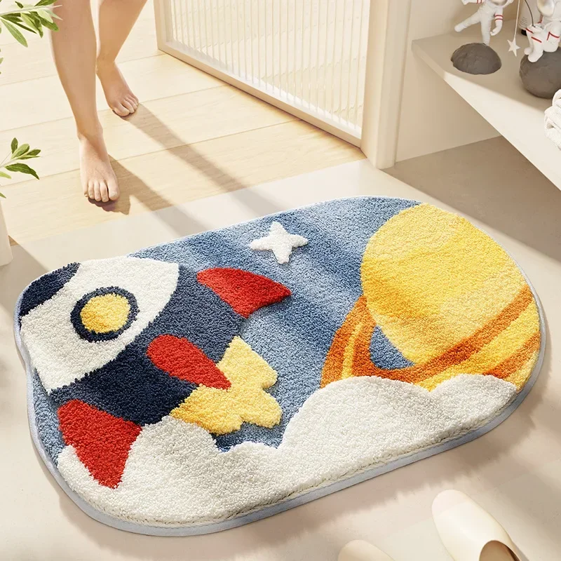 Bath Rug Cartoon Planet Plush Toilet Door Non Slip Mat Home Bathroom Floor Mat Strong Absorbent Quick Drying Foot Mat Shower
