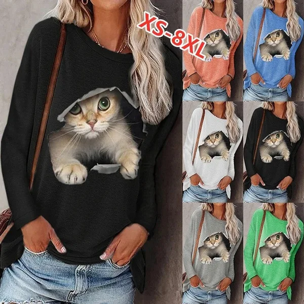 2023 Autumn Winter Womens Clothing Casual Loose T-Shirts Femme Long Sleeve Hoodies Cute Cat Print Pullover Ladies Round Neck Top