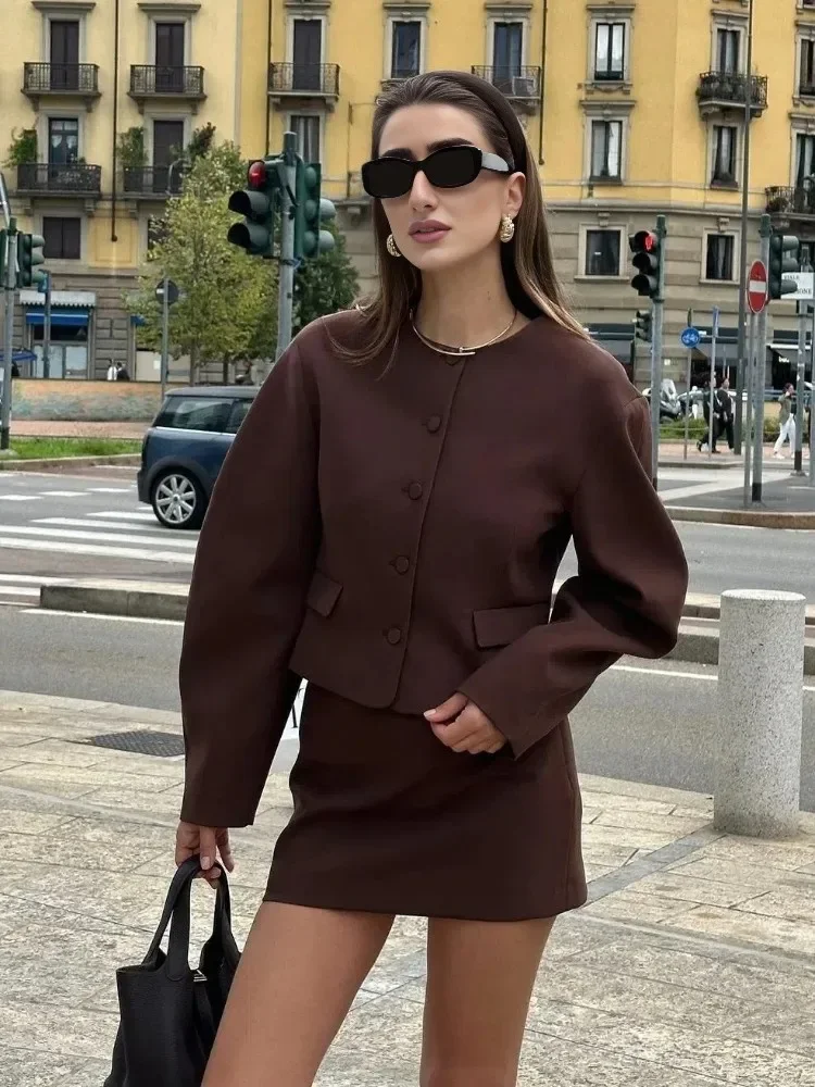 Women Autumn Winter Elegant Skirt Set O-neck Crop Single Breasted Long Sleeves Jacket Coat Female Chic Pencil Mini Skirts Suit