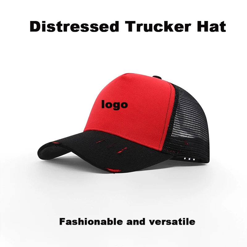 5 Panel Distressed Hole Trucker Hat Custom Logo Printing Embroidery Unisex Hip Hop Baseball Cap Fashion Versatile Advertising Pe
